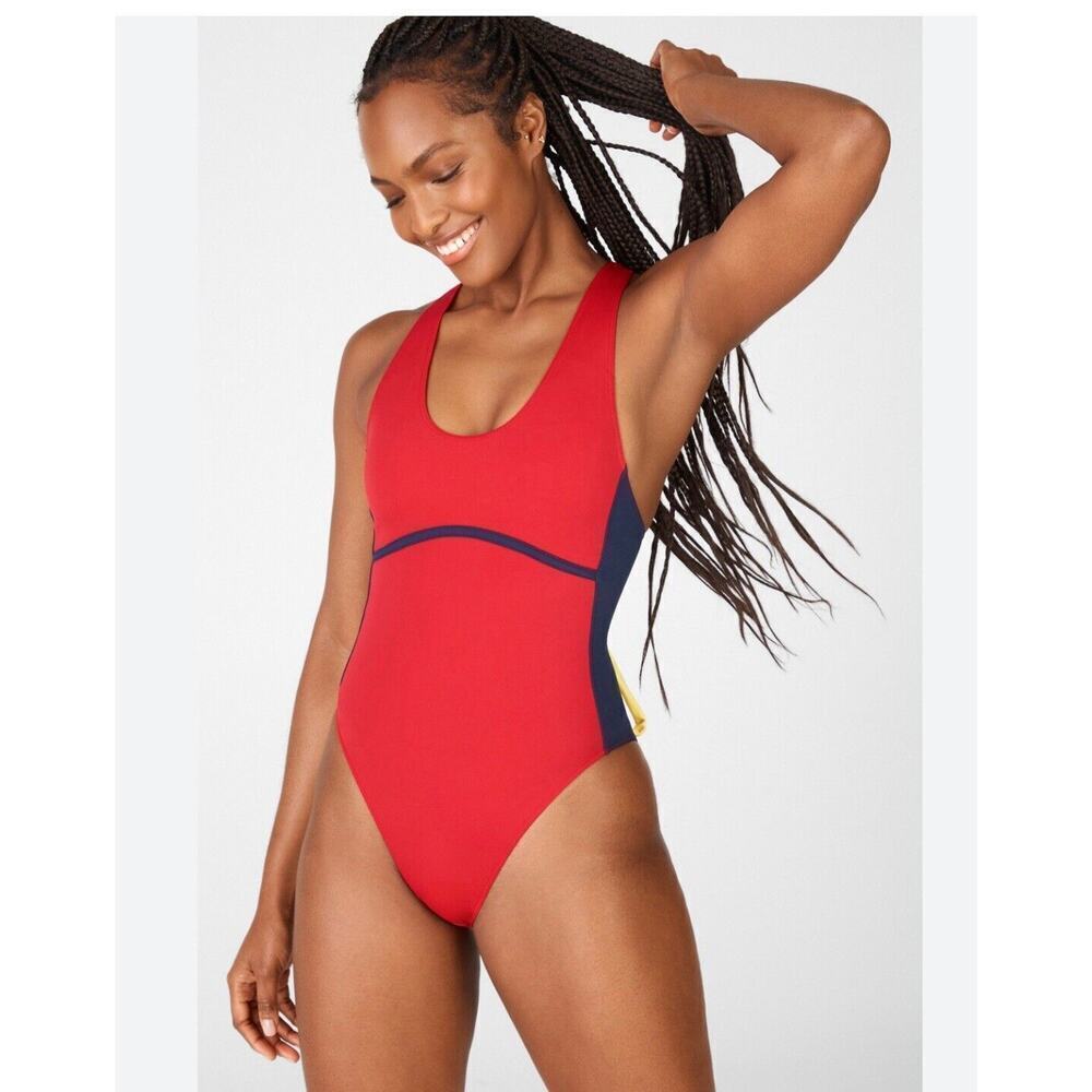 Fabletics Gabriella II Swimsuit One Piece Red Blue Yellow Stretch Color Block XL